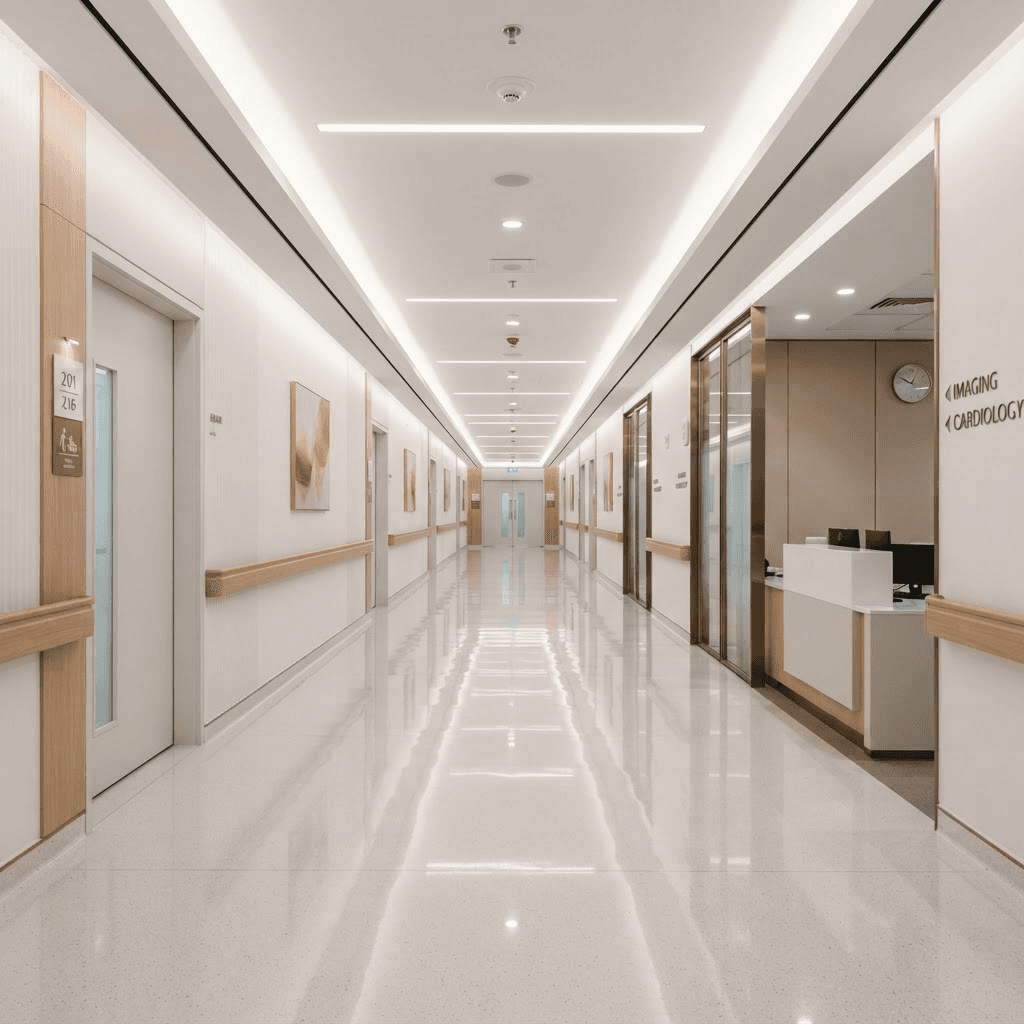 Pristine modern hospital corridor with bright, clean surfaces