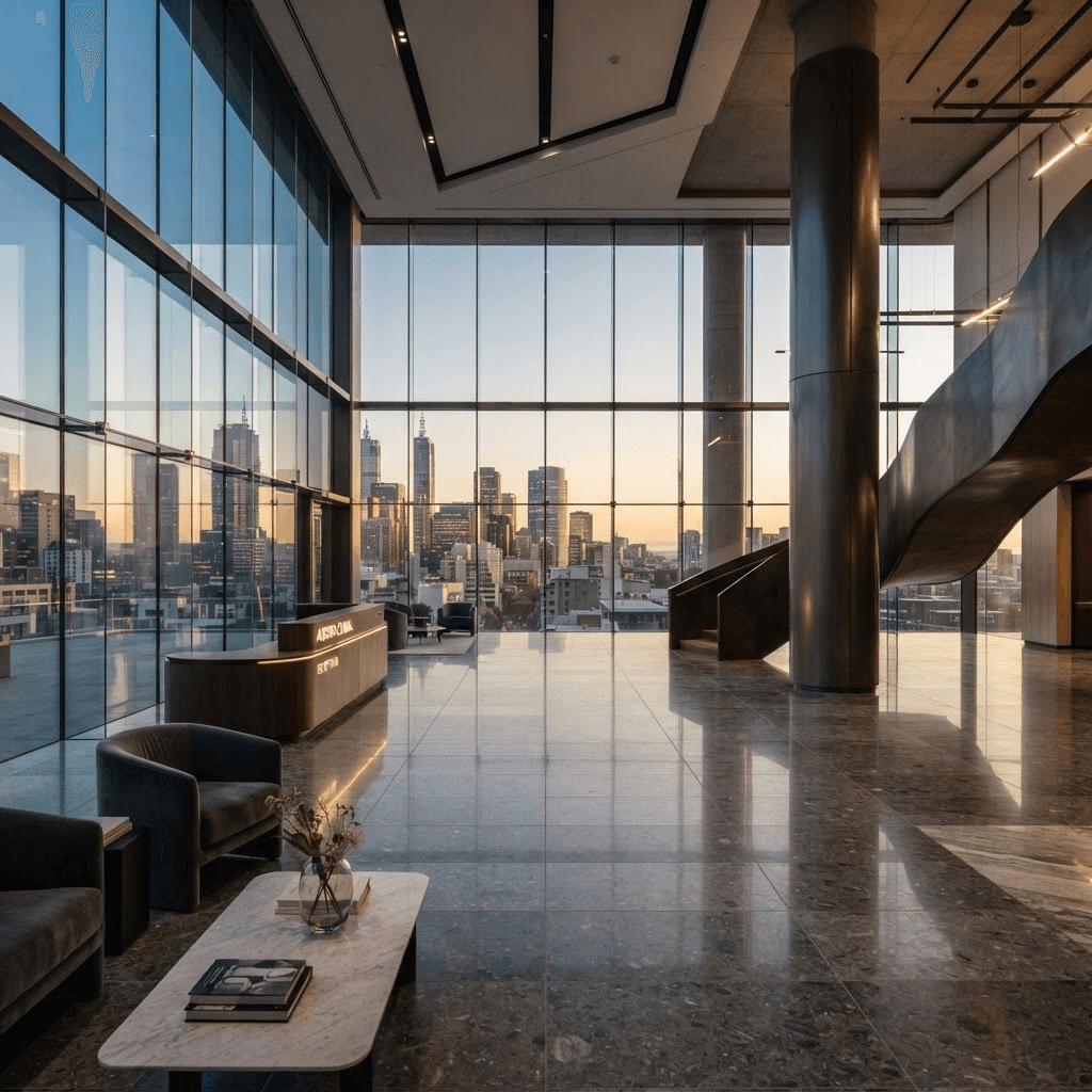 Modern Class A office lobby with polished stone floors and floor-to-ceiling glass
